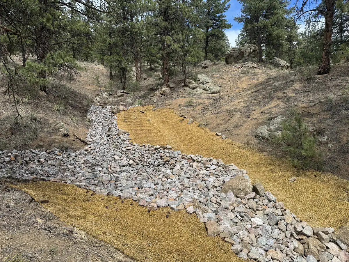 Riprap-lined drainage channel through a ponderosa pine hillside with erosion control blanket covering both banks in Conifer, Colorado